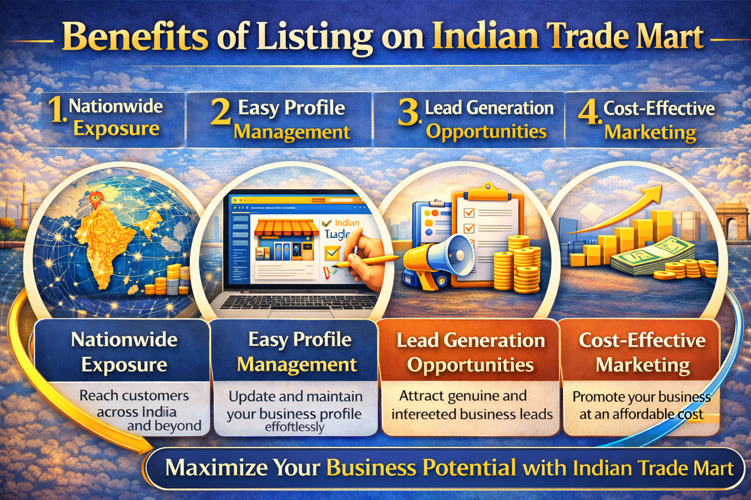 "Benefits of Listing on Indian Trade Mart                                             1. Nationwide Exposure 2. Easy Profile Management 3. Lead Generation Opportunities 4. Cost-Effective Marketing "